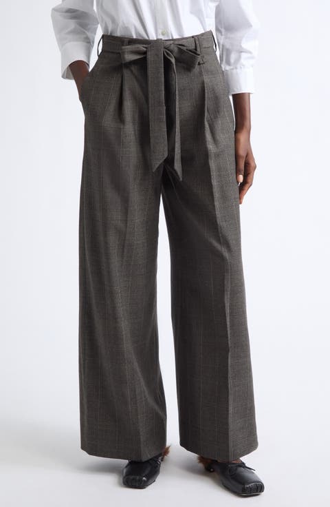 Pleated Wide Leg Stretch Virgin Wool Sash Trousers