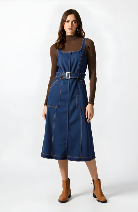 Denim Midi Dress with Belt and Zip Front