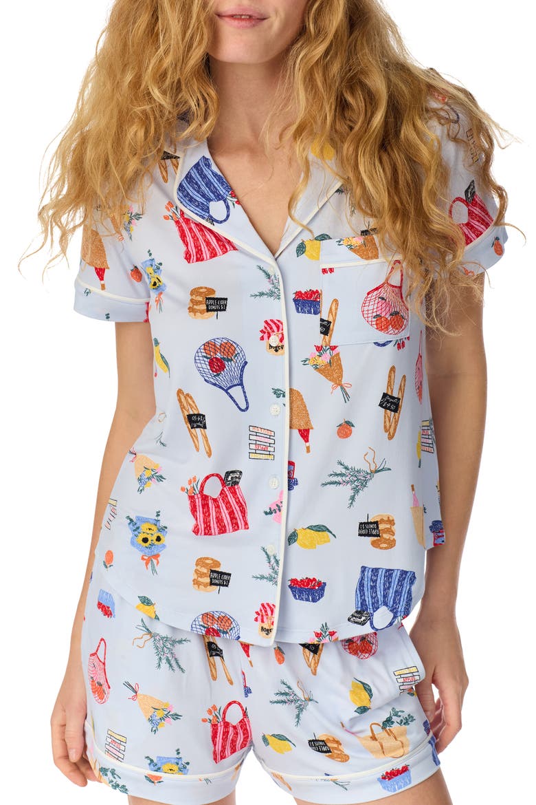 Print Short Sleeve Pajamas, Alternate, color, AQUA PRINT