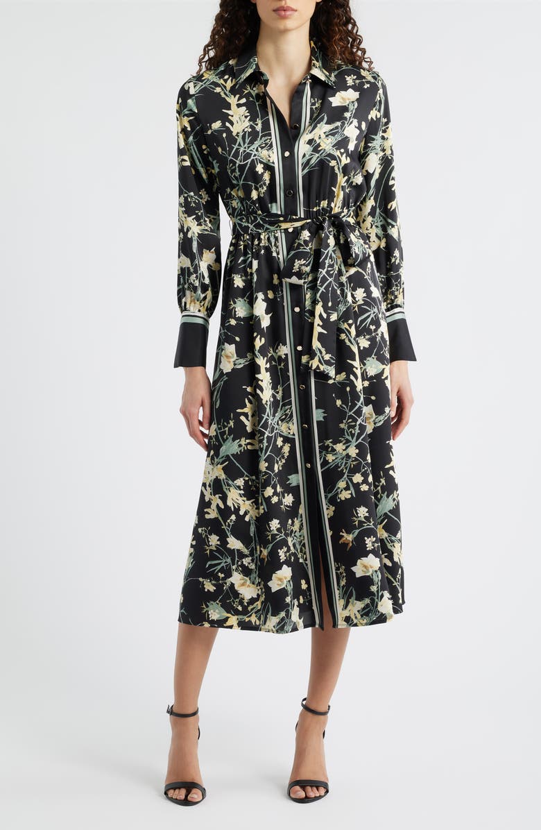 Anne Klein Floral Button-Up Shirtdress, Main, color, Anne Black Multi