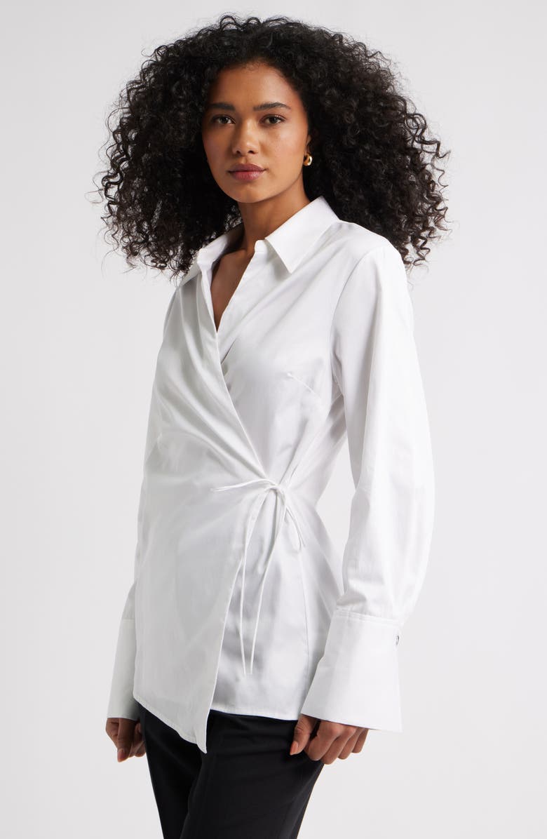 Open Edit Asymmetric Cotton Poplin Wrap Shirt, Alternate, color, White