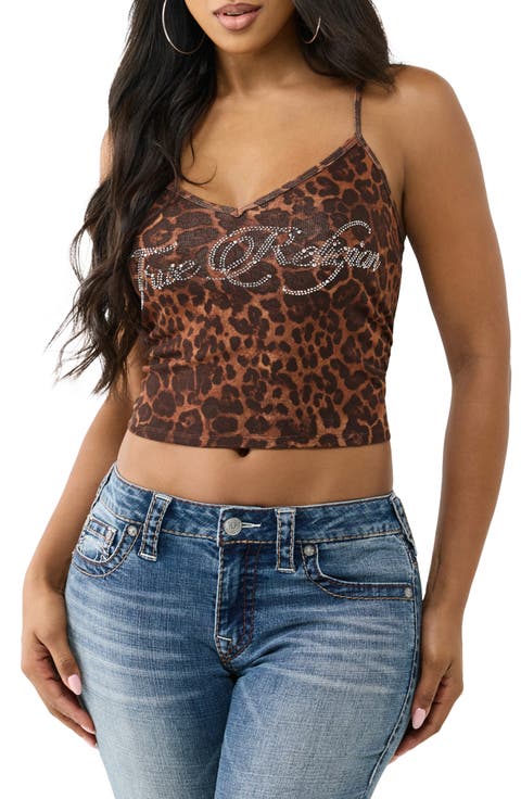 Crystal Logo Leopard Print Crop Camisole Tank