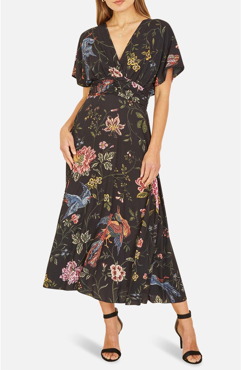 Yumi Short Sleeve V-Neck Ruched Midi Dress, Alternate, color, Black