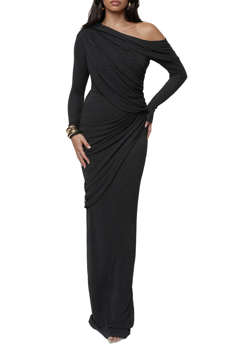 Draped One-Shoulder Bodysuit, Alternate, color, BLACK