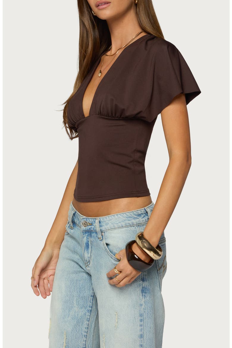 Flutter Plunging V-Neck Top, Alternate, color, DARK-BROWN