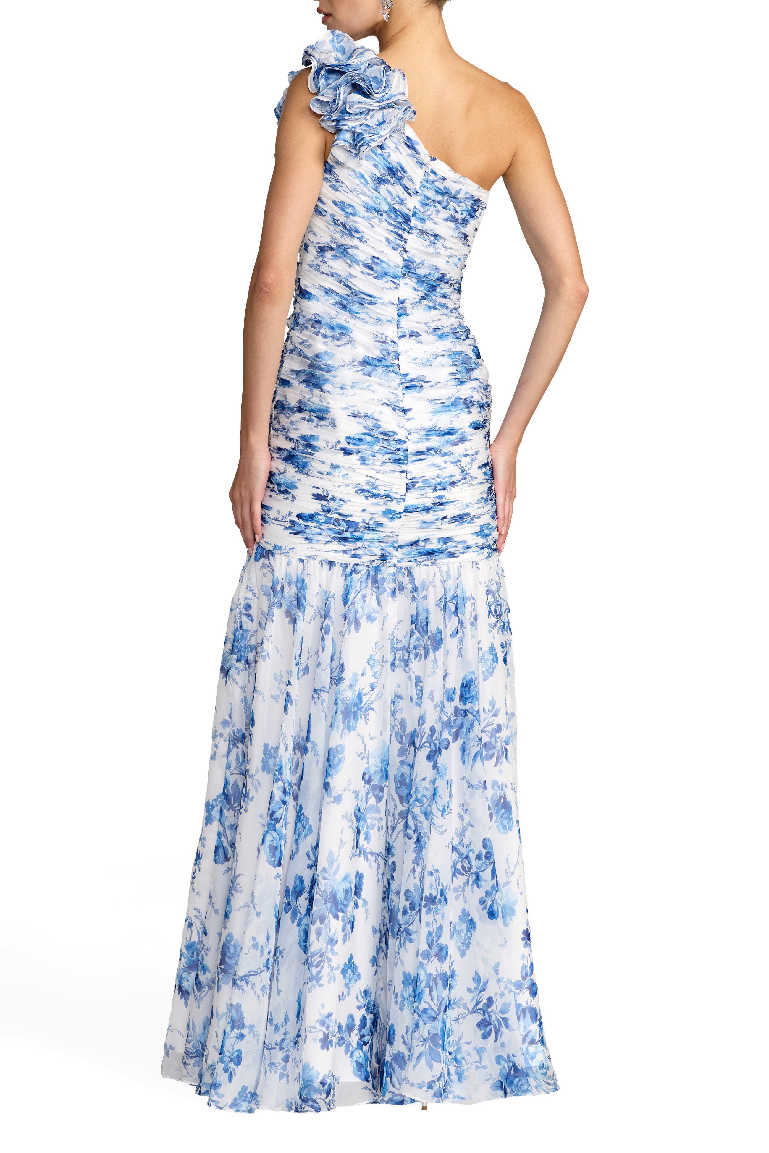 Printed Chiffon One Shoulder Ruched Ruffle Gown - image 2