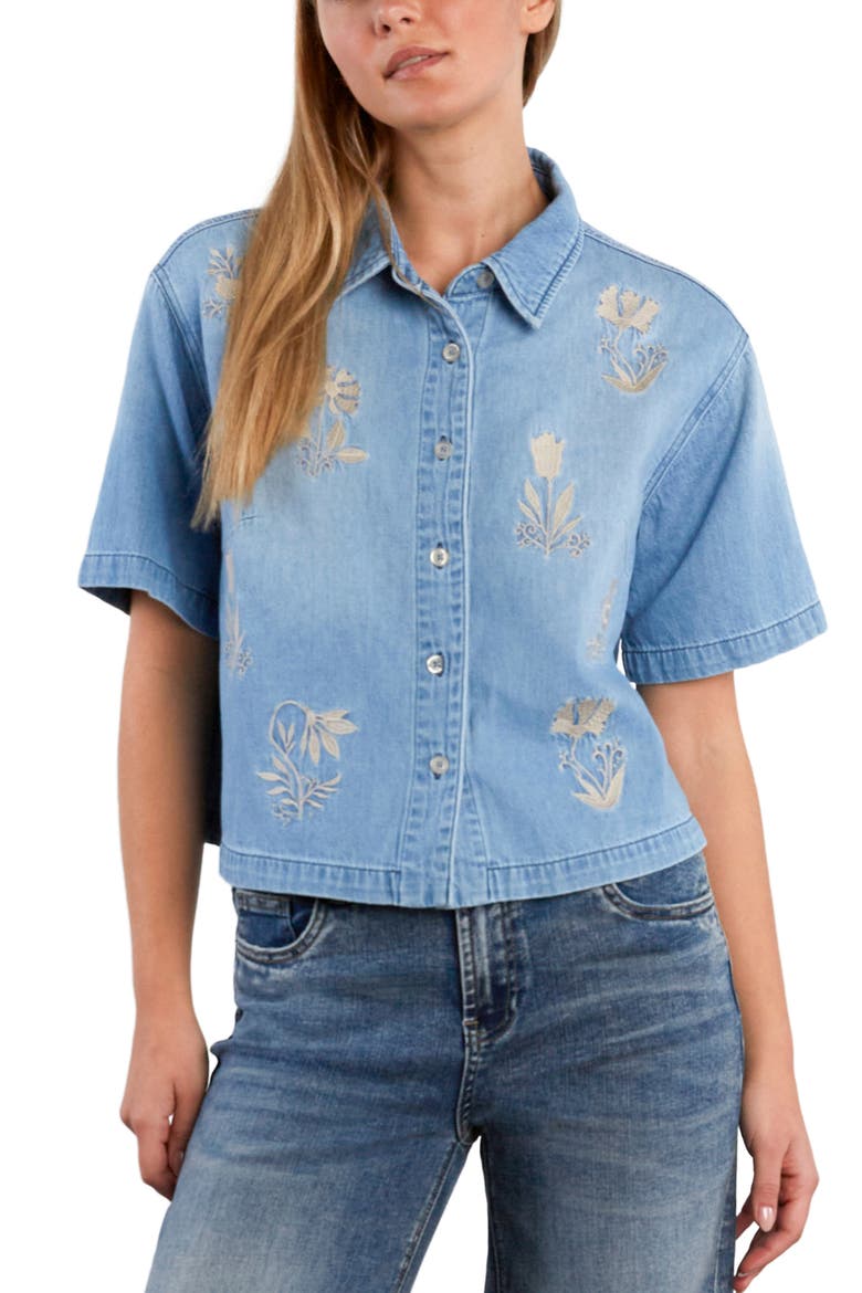 Floral Stitched Crop Denim Shirt, Alternate, color, FLEUR BLUE