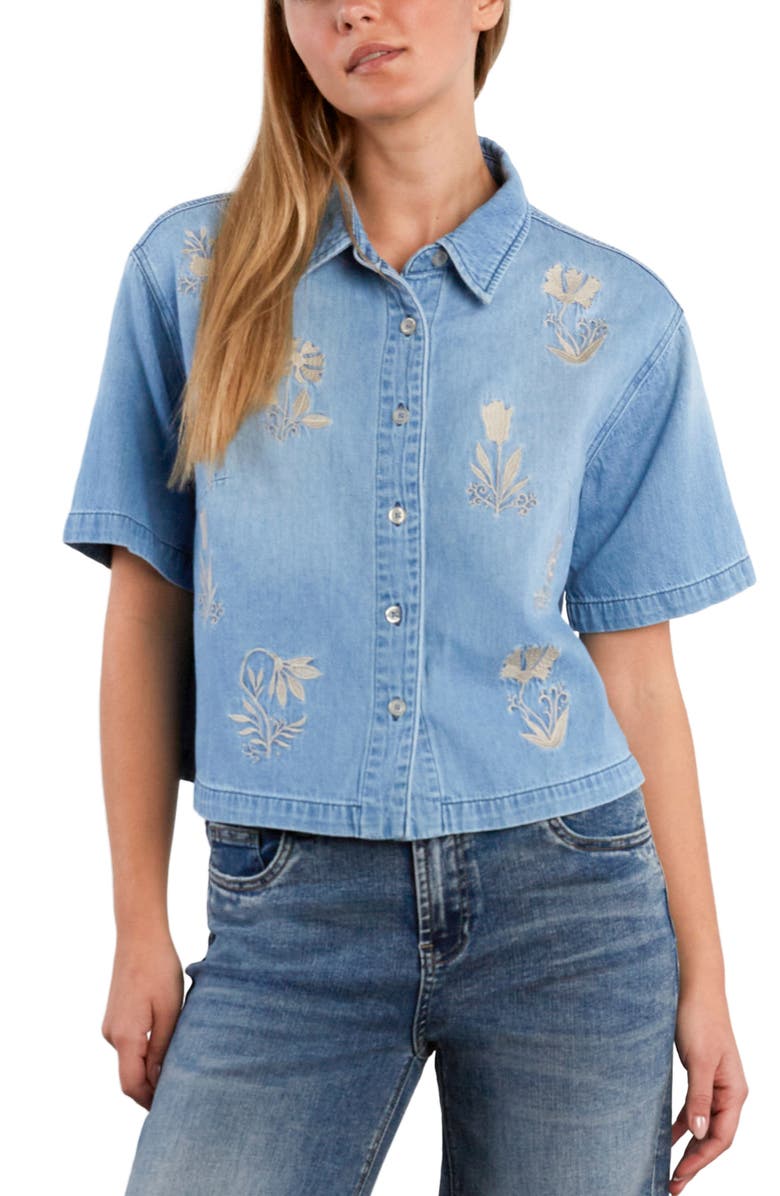 HINT OF BLU Floral Stitched Crop Denim Shirt, Alternate, color, Fleur Blue