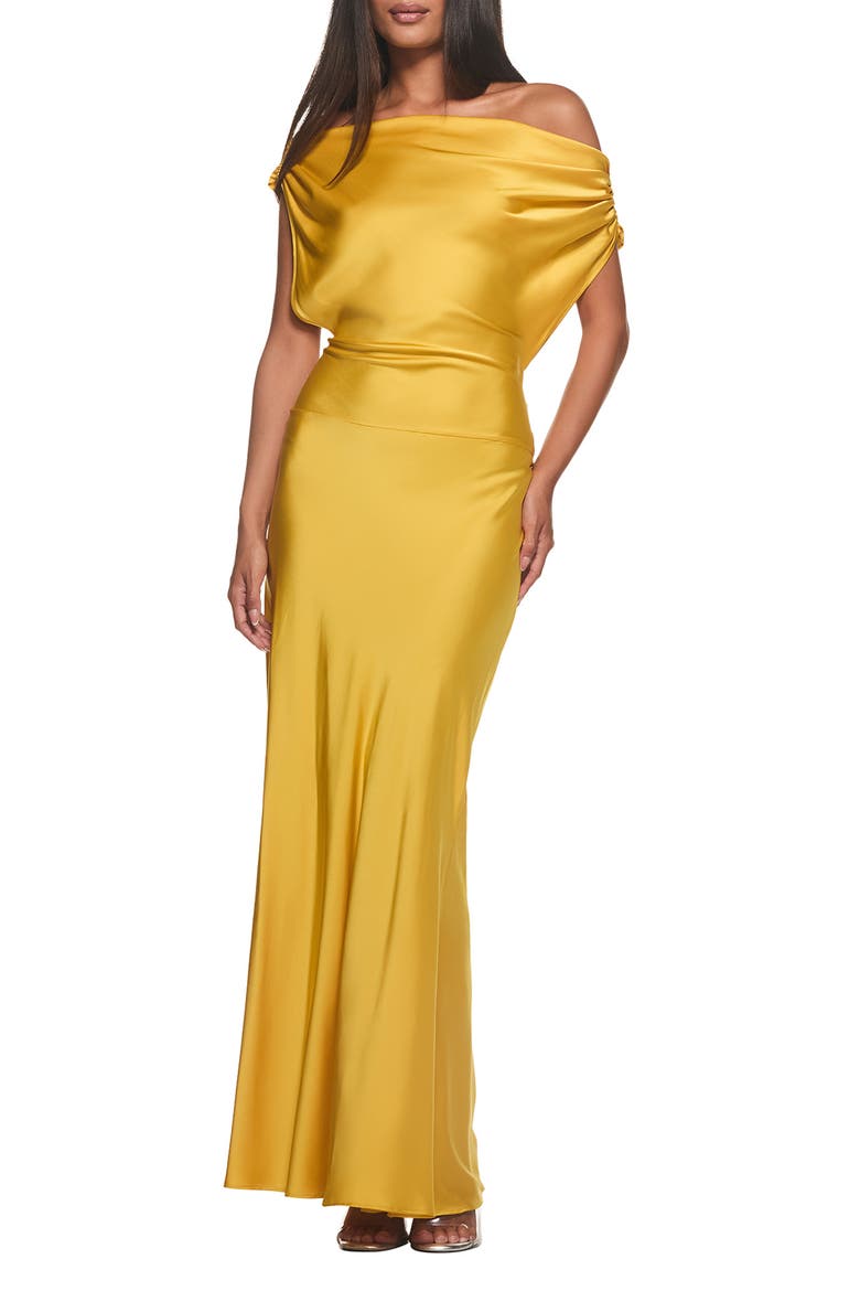 Kahlo Off the Shoulder Satin Maxi Dress, Main, color, YELLOW