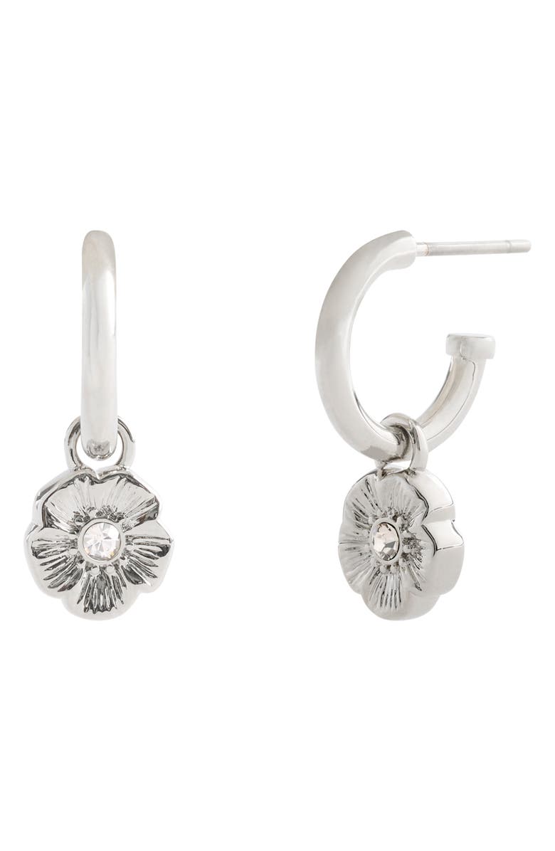 COACH Tea Rose Flower Drop Huggie Hoop Earrings, Main, color, Rhodium