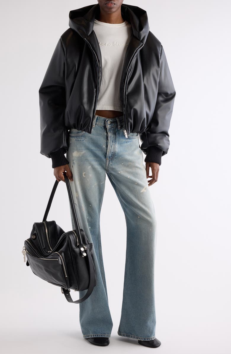 Acne Studios Offy Faux Leather Hooded Bomber Jacket, Alternate, color, Black