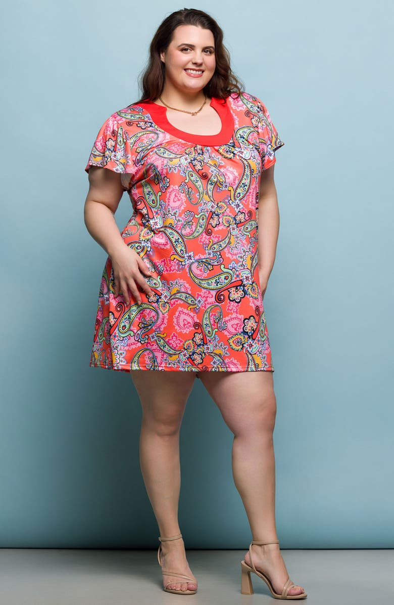 24seven Comfort Apparel Paisley Flutter Sleeve Minidress, Alternate, color, Pink Multi