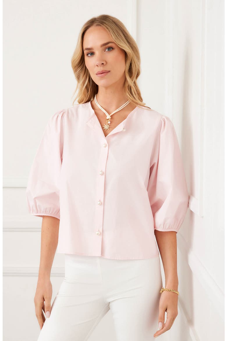 Puff Sleeve Faux Pearl Button Cotton Shirt, Alternate, color, ROSE