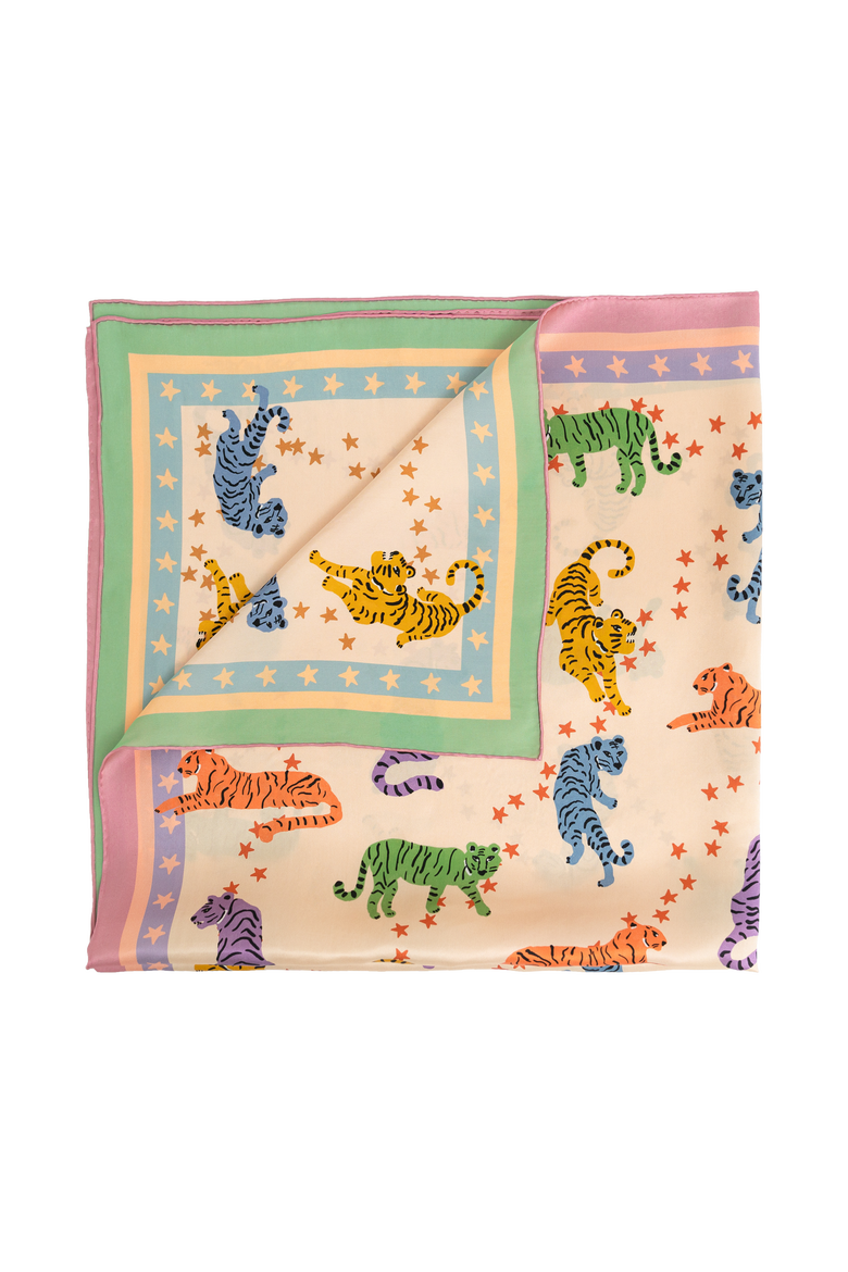 "Neon Tigers" Large Silk Scarf, Main, color, Pink & Green