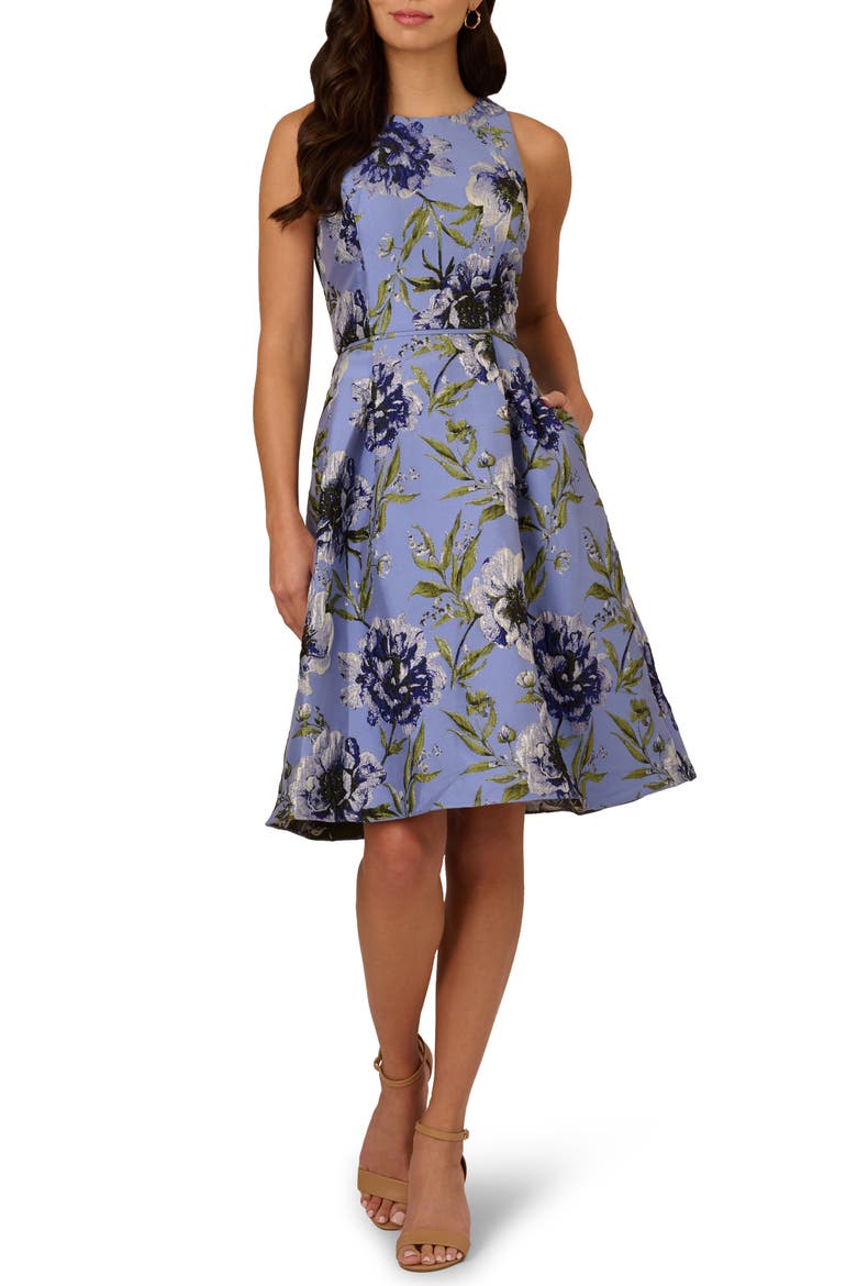 Floral Jacquard Cocktail Dress, Main, color, BLUE MULTI