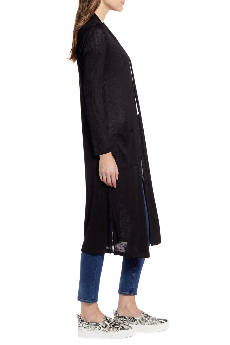Ribbed Knit Long Cardigan, Alternate, color, BLACK
