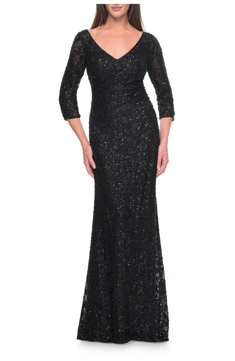 La Femme Fitted Beaded Lace Evening Gown with Ruching, Main, color, Black