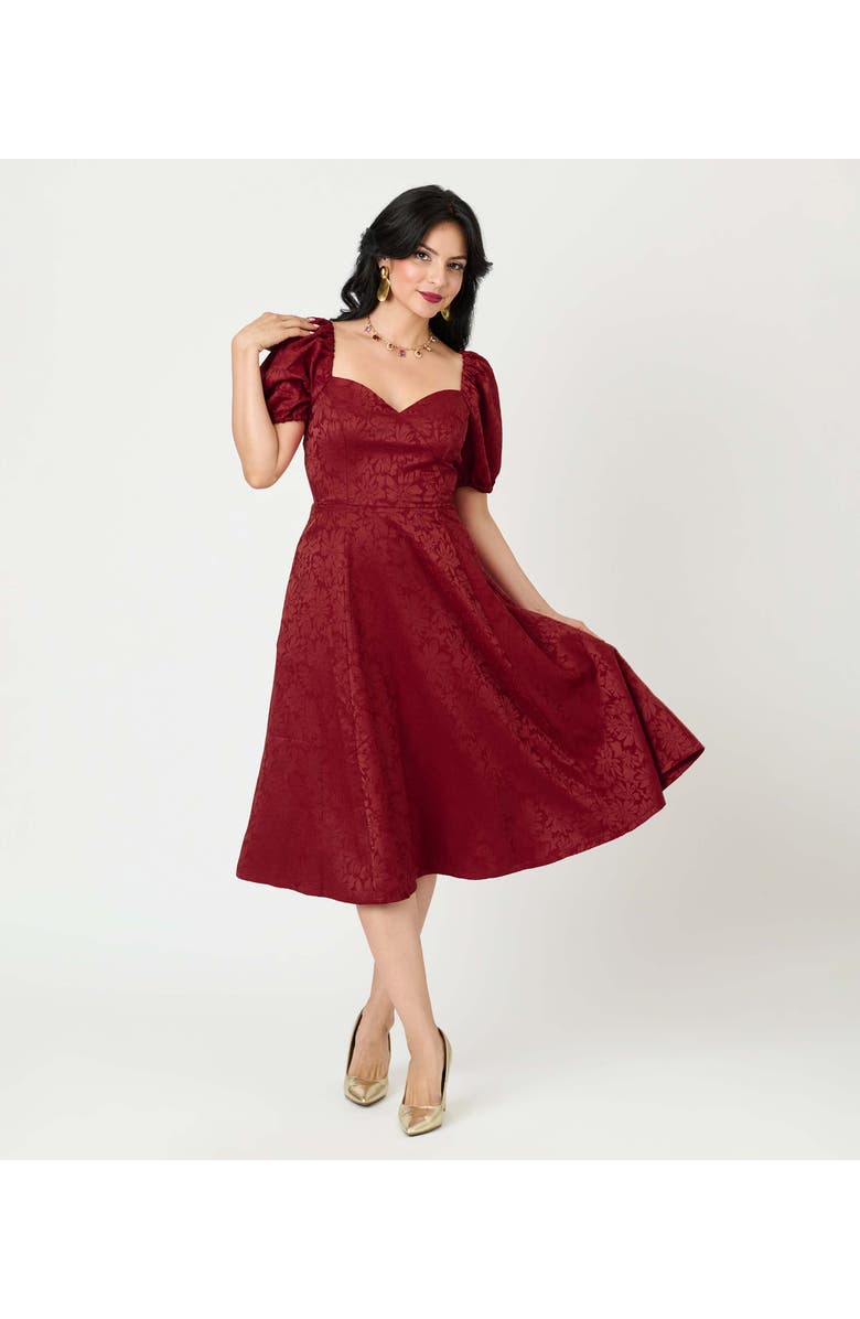 Unique Vintage Jacquard Sweetheart Swing Dress, Main, color, Burgundy