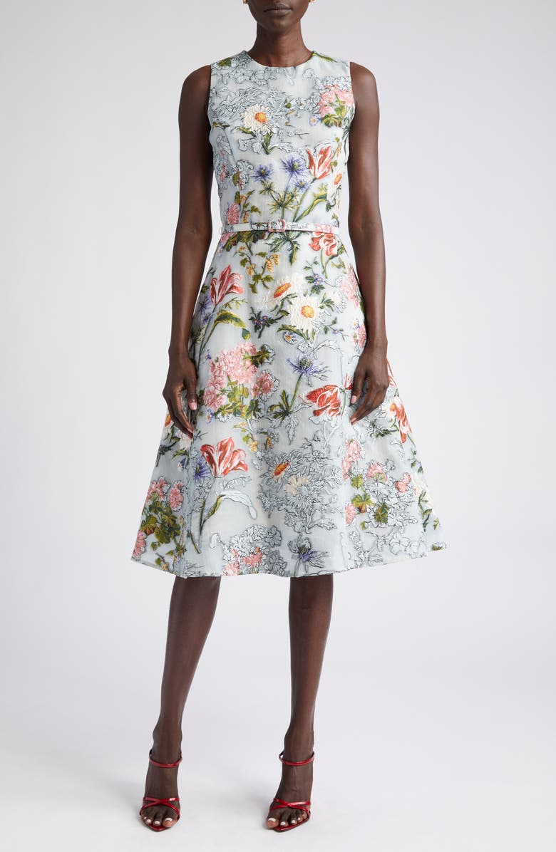 Oscar de la Renta Floral Sleeveless Belted Fil Coupé Cocktail Dress, Main, color,