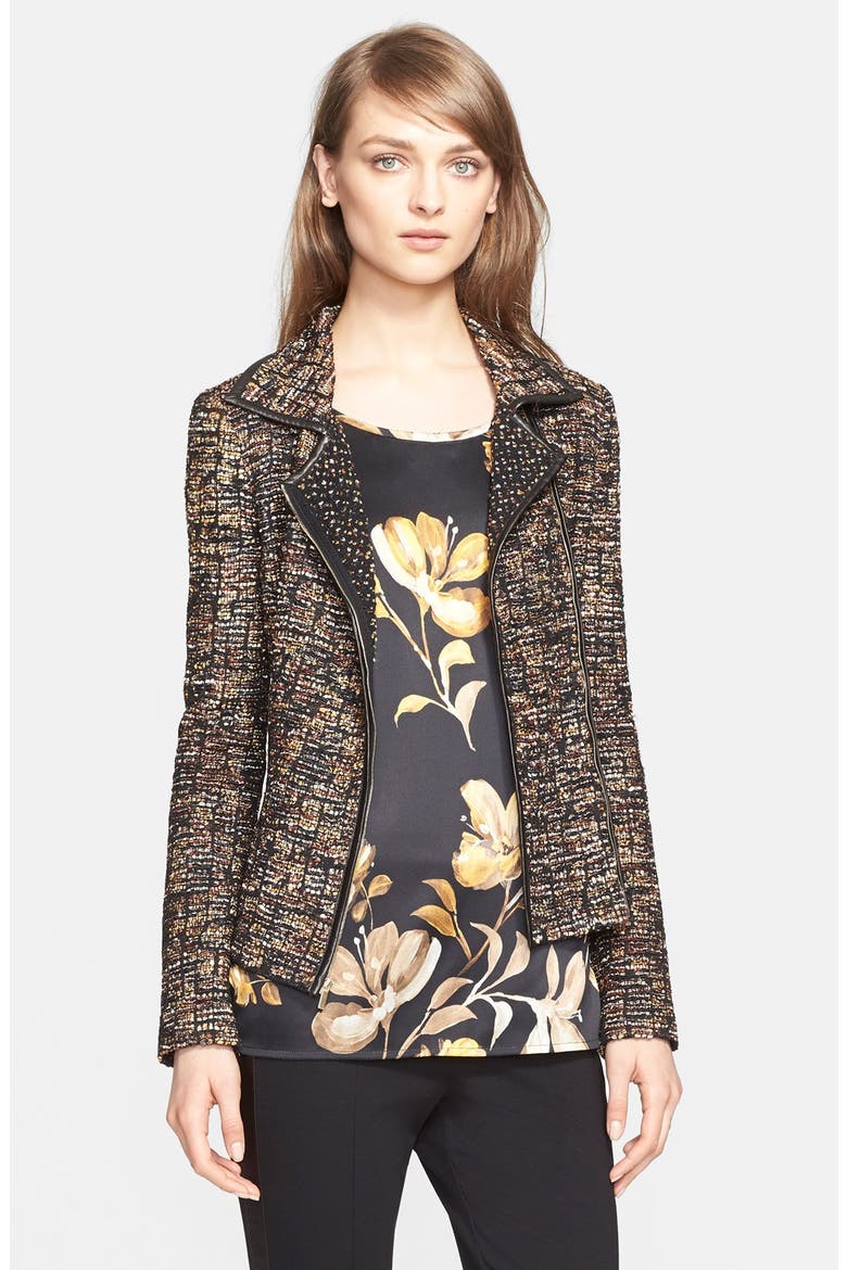Leather Trim Ribbon Knit Jacket (Nordstrom Exclusive), Main, color, CAVIAR MULTI