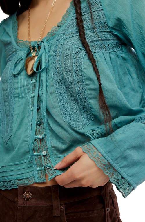 Free People Evermore Lace Inset Semisheer Cotton Top In Blue
