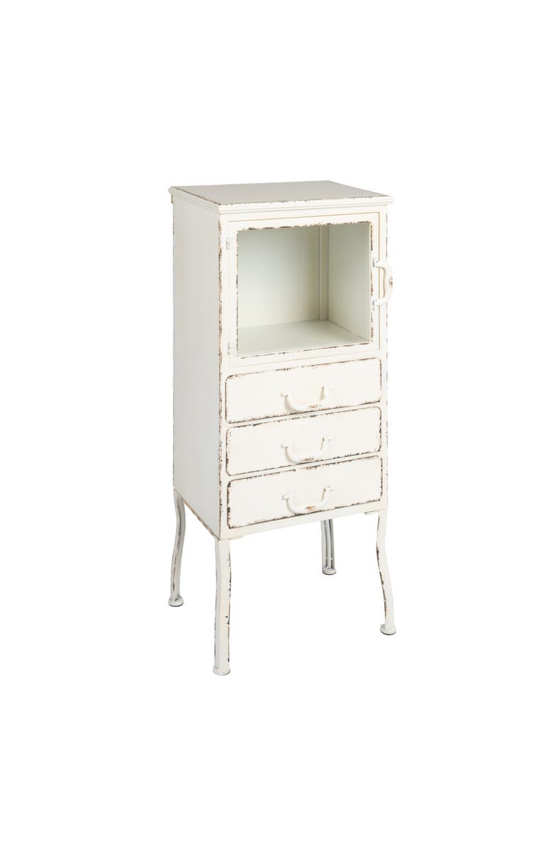 Storied Home Storage Metal Cabinet with 3 Drawers, Distressed White, Main, color, White