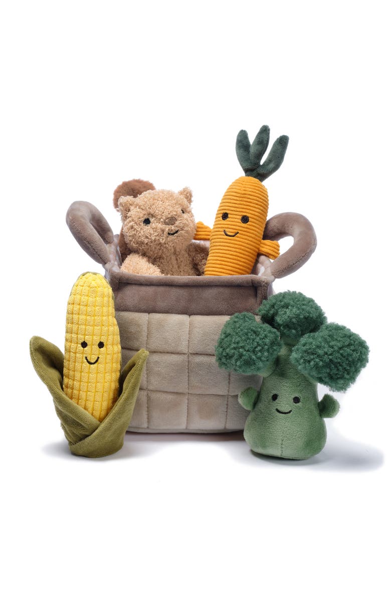 Lambs & Ivy Plush Veggie Basket Play Set with Interactive Stuffed Vegetable Toys, Main, color, Grey Multi