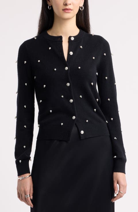 Pearly Crystal Embellished Wool & Cashmere Cardigan