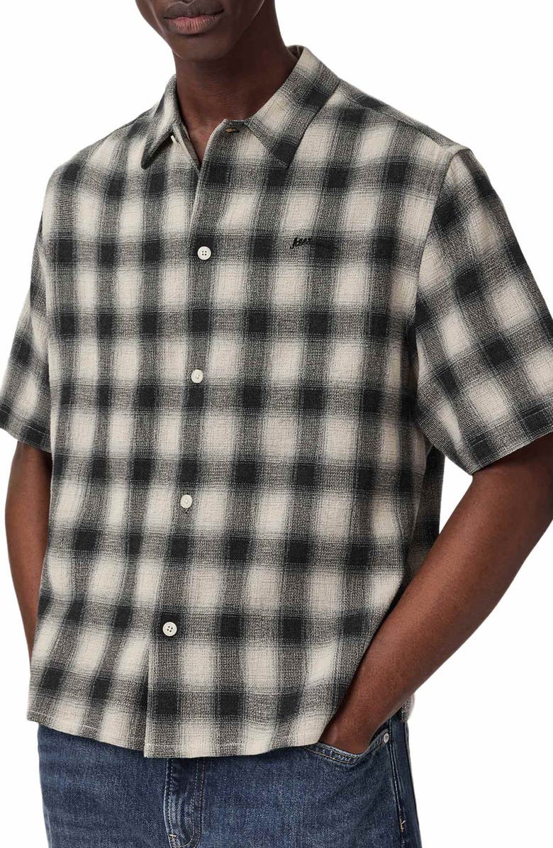 AllSaints Shadow Plaid Short Sleeve Button-Up Shirt, Alternate, color, Off White