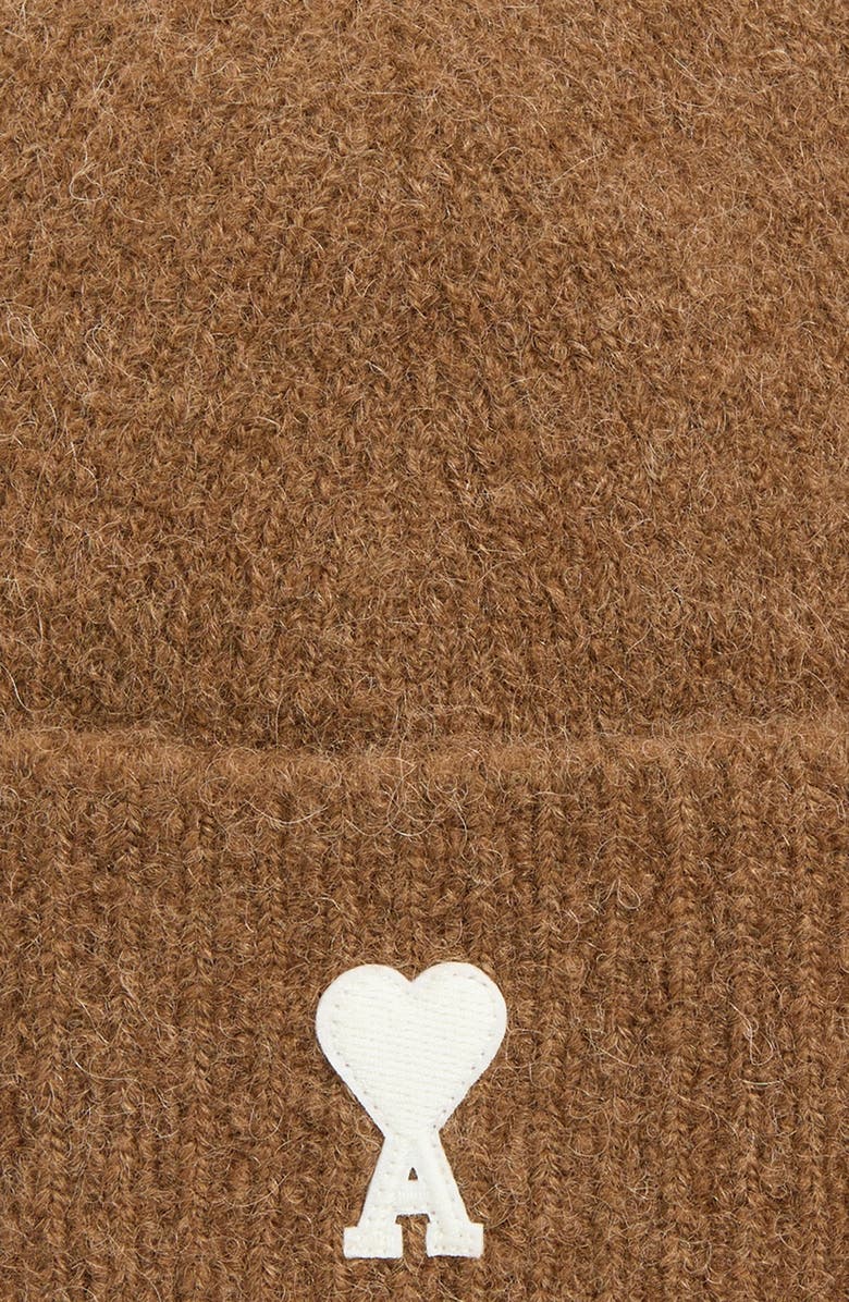 AMI PARIS Ami de Coeur Appliqué Mohair Blend Cuffed Beanie, Alternate, color, Hazelnut/ Ecru