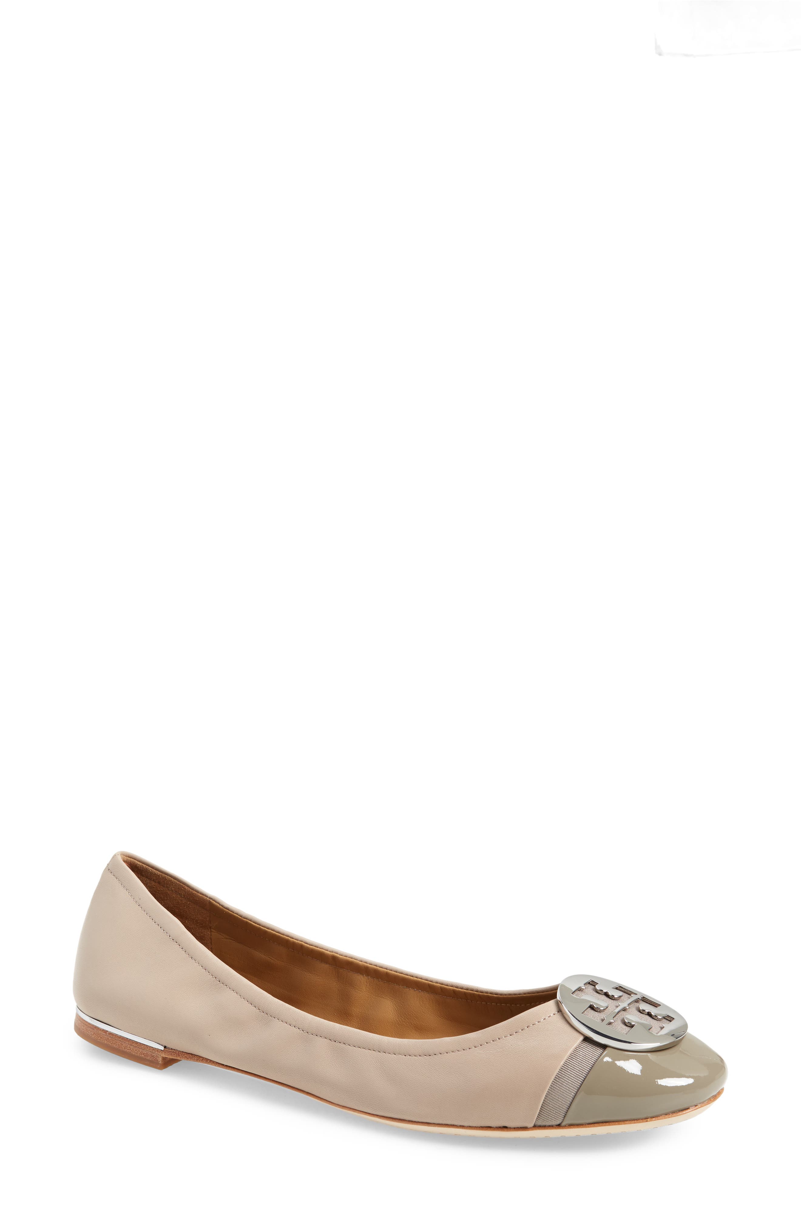 Minnie Logo Medallion Cap Toe Ballet Flat, Main, color, LIGHT TAUPE / GRAY HERON