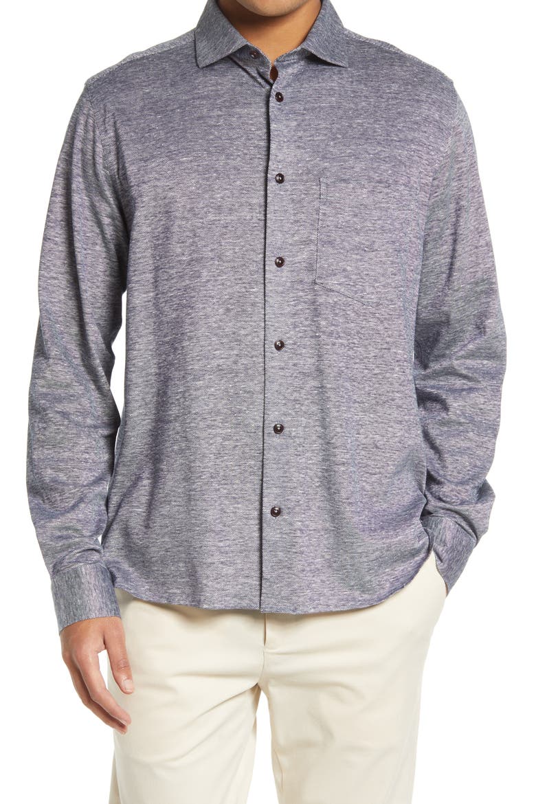 Mitre Knit Linen & Cotton Button-Up Shirt, Main, color, NAVY