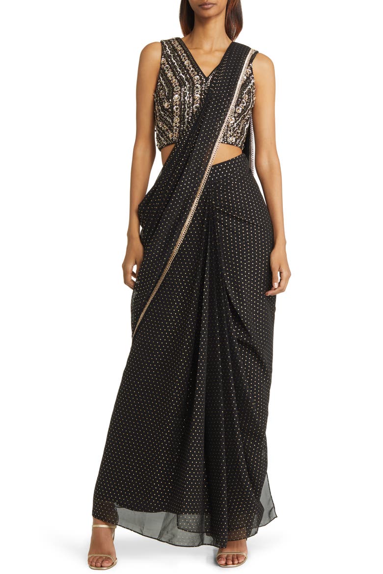 Zian Drape Saree, Main, color, BLACK