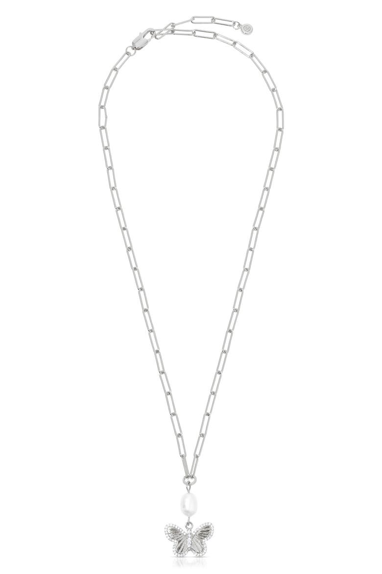 Butterlfy & Freshwater Pearl Pendant Necklace, Alternate, color, SILVER