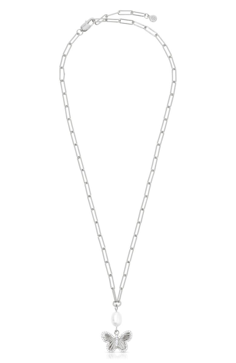 Ettika Butterlfy & Freshwater Pearl Pendant Necklace, Alternate, color, Silver