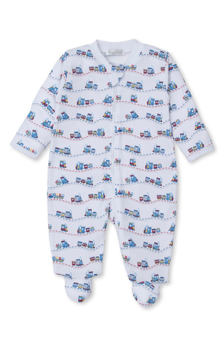 Kissy Kissy Train Print Pima Cotton Zip Footie, Main, color,