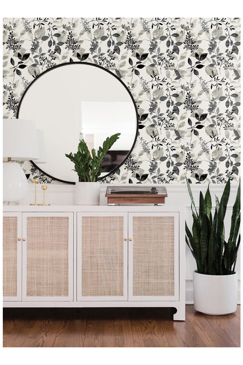 Breezy Floral Chevron Wallpaper, Alternate, color, BLACK
