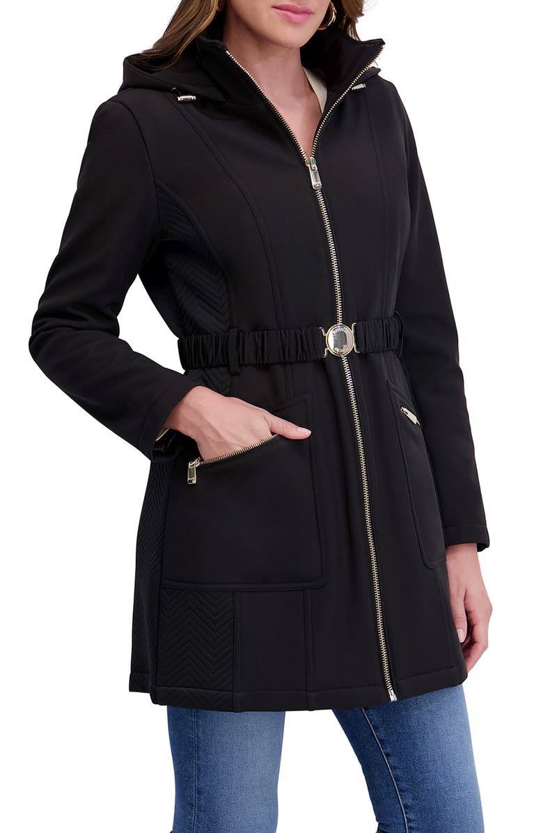 Kensie Soft Shelled Hooded Belted Zip-Up Coat, Alternate, color, Black