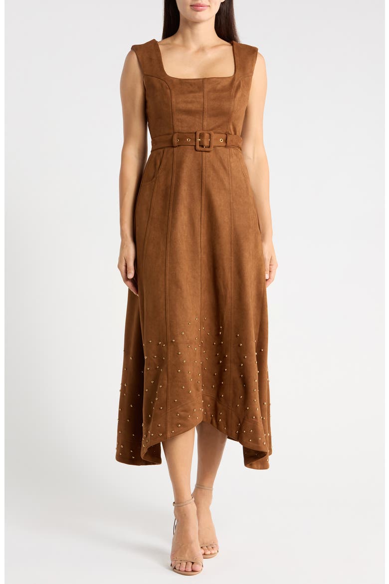 Faux Suede Belted Maxi Dress, Main, color, CAMEL