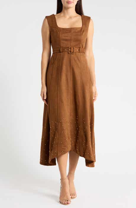 Faux Suede Belted Maxi Dress