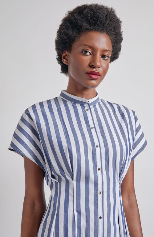 Misook Stand Collar Button Front Midi Dress In Dark Navy/white