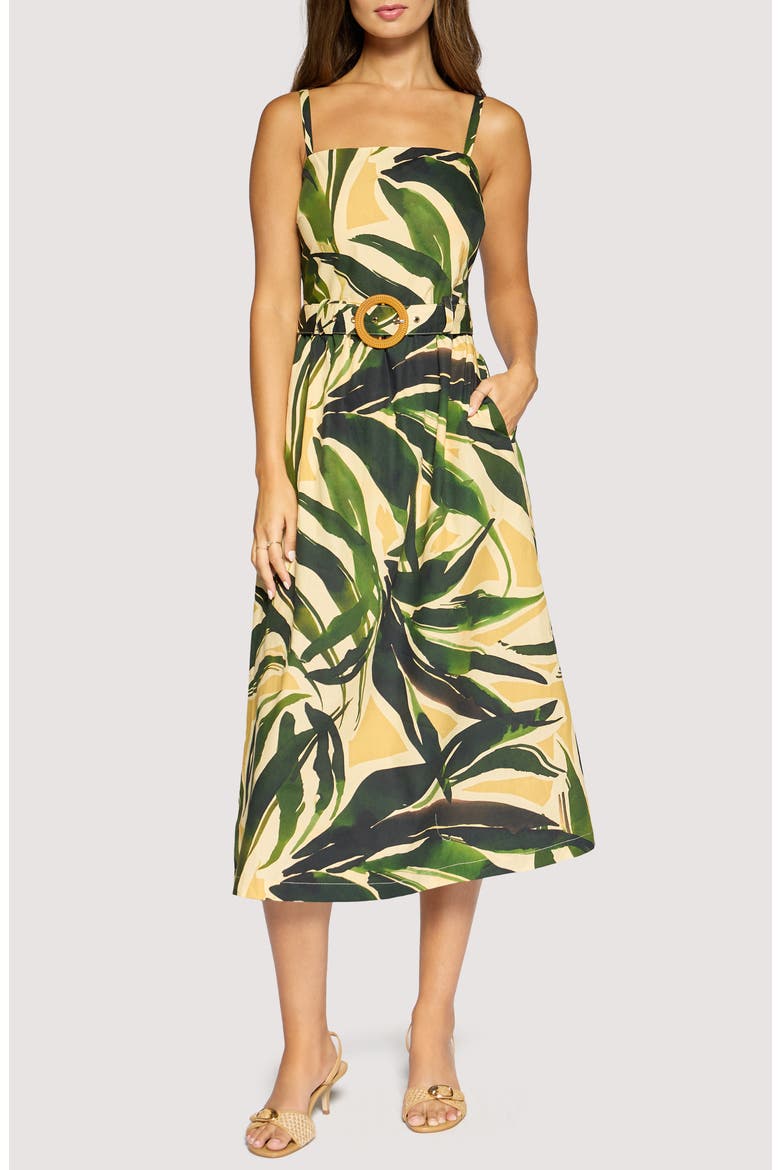 Palm Serenade Cotton Midi Dress, Main, color, GREEN-MULTI