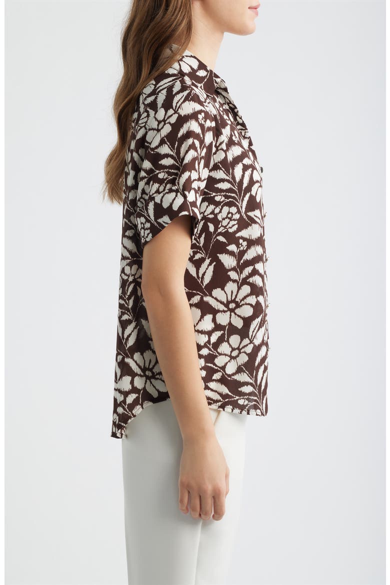 Floral Print Short Sleeve Button-Up Shirt, Alternate, color, DARK CHOCOLATE/ WHITE