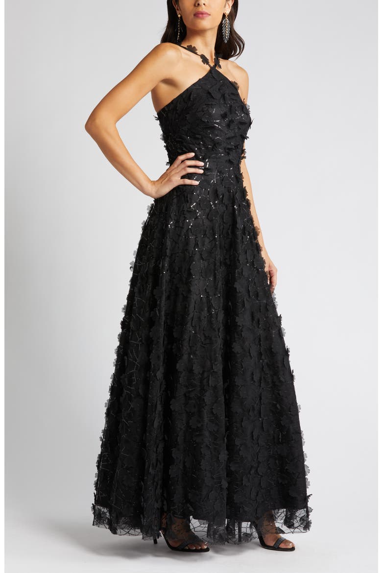 Floating Flow Floral Sequin Halter Ballgown, Alternate, color, BLACK