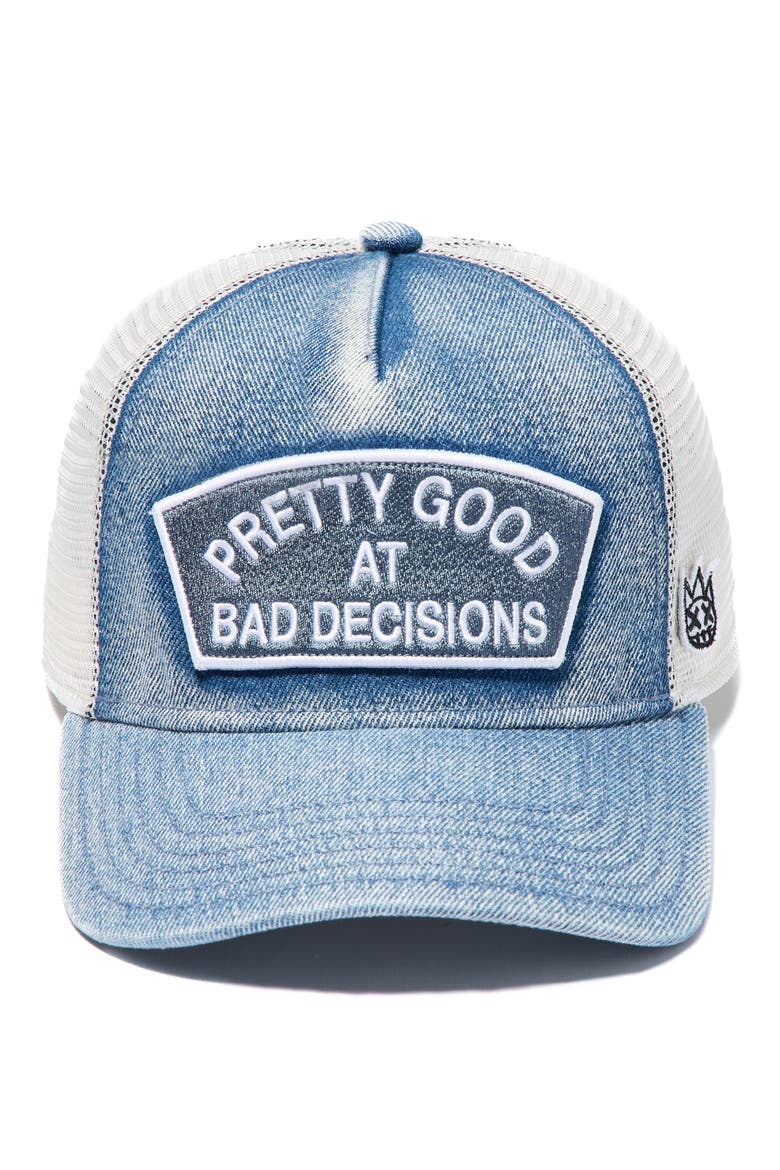 Good at Bad Decisions Denim Trucker Hat, Alternate, color, DENIM
