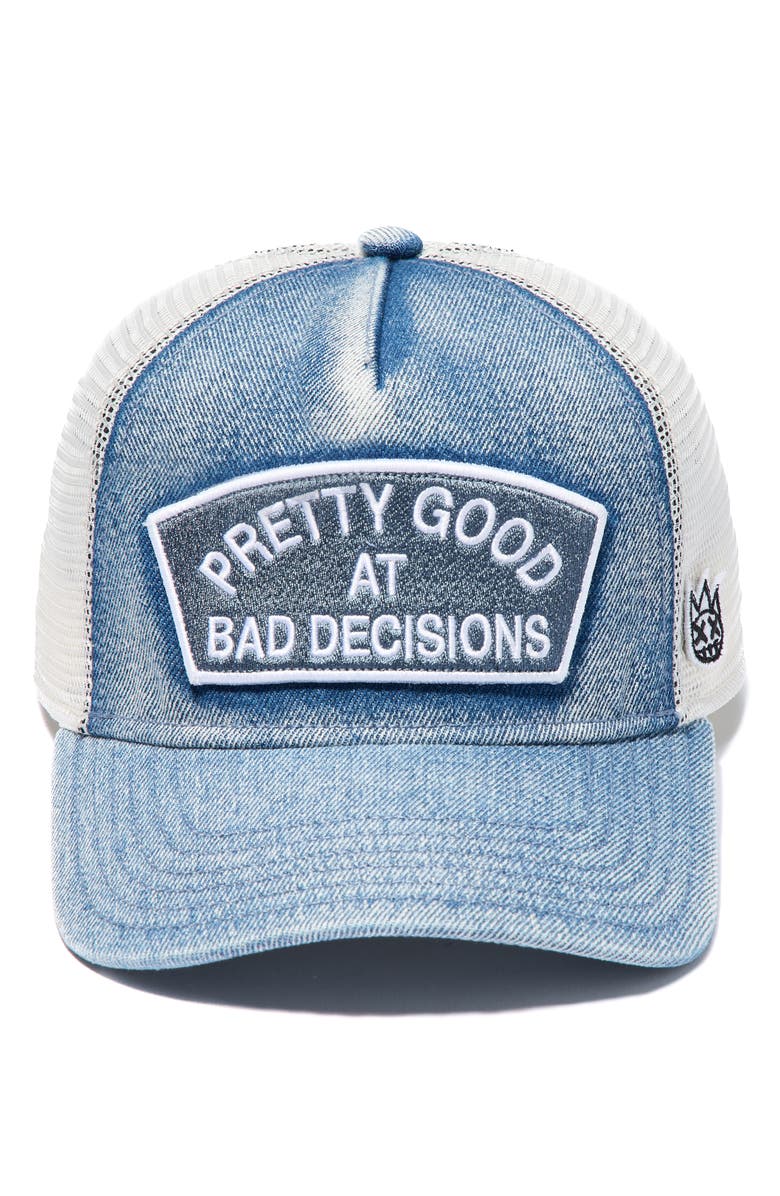 Cult of Individuality Good at Bad Decisions Denim Trucker Hat, Alternate, color, Denim