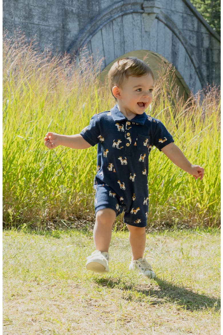 Pups At Work Organic Cotton Polo Romper, Alternate, color, NAVY