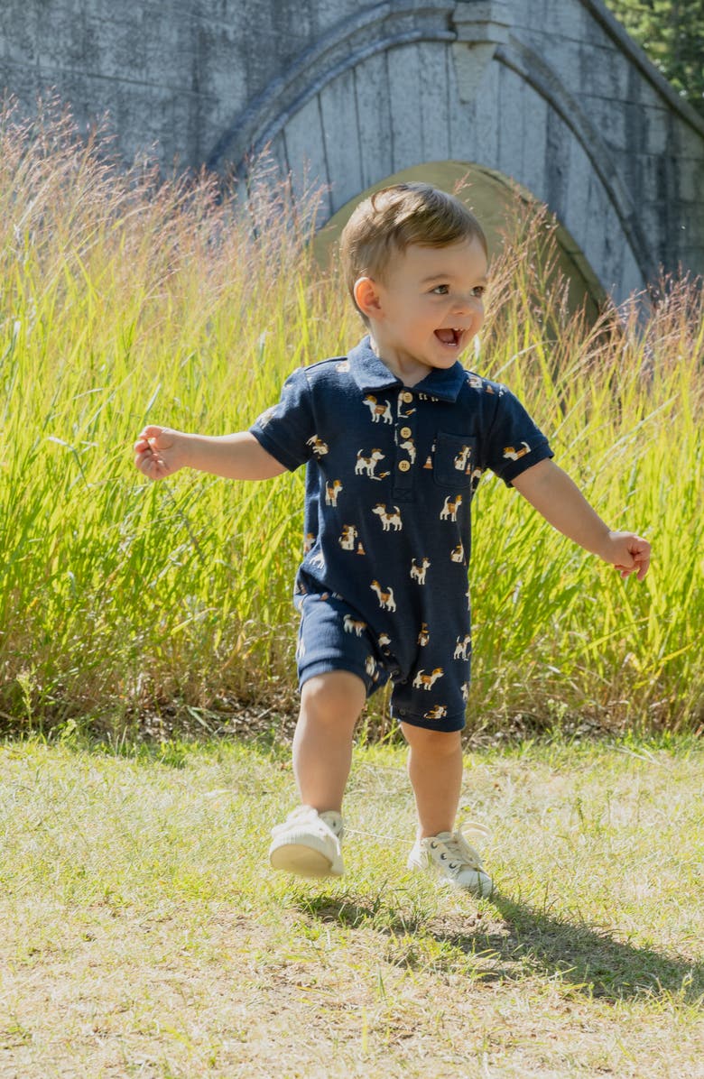 Petit Lem Pups At Work Organic Cotton Polo Romper, Alternate, color, Navy