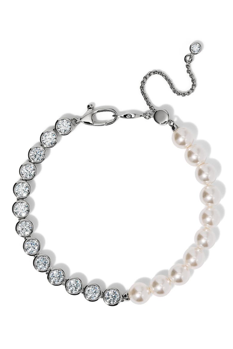 Imitation Pearl and Cubic Zirconia Line Bracelet, Main, color, RHODIUM