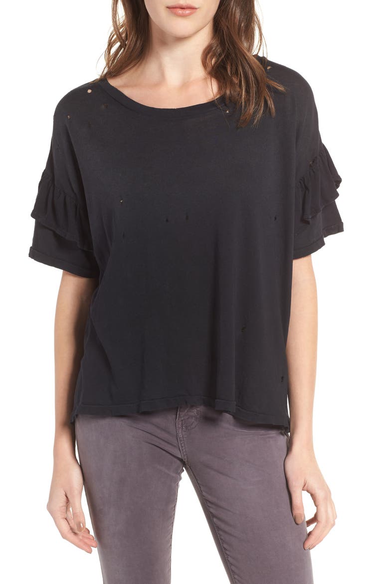 The Ruffle Roadie Tee, Main, color, WASHED BLACK DESTROY